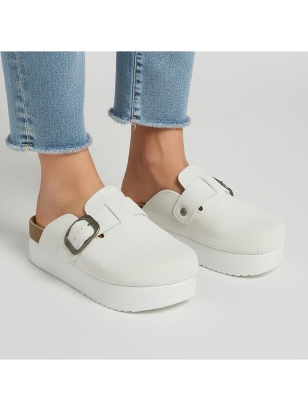 Platform Slip-On Clog Mules in White with Buckle